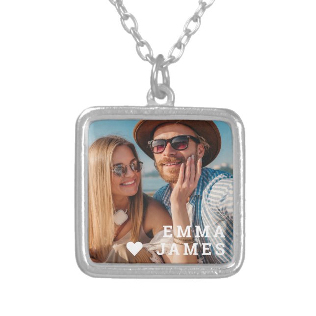 Cute Love Heart Photo Couples Personalized Names Silver Plated Necklace (Front)