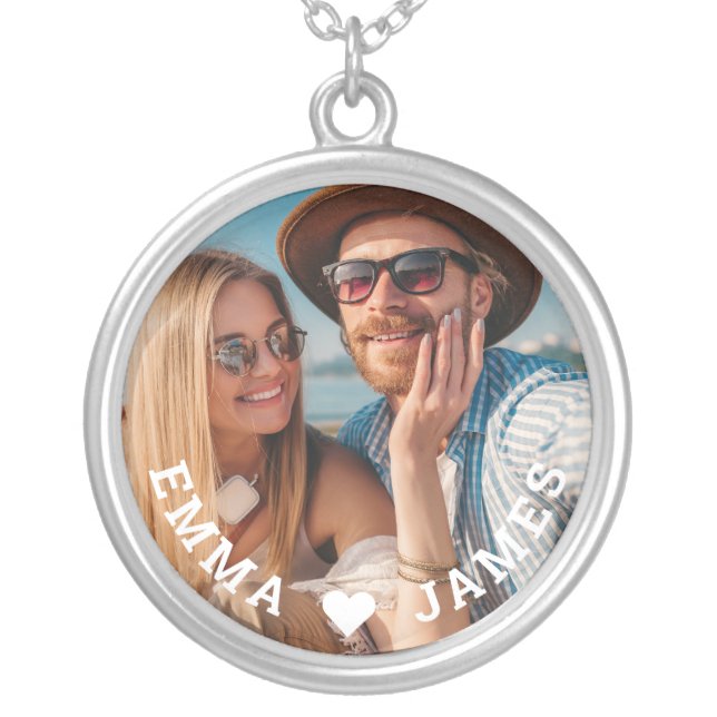 Cute Love Heart Photo Couples Personalized Names Silver Plated Necklace (Front)