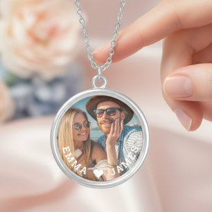 Cute Love Heart Photo Couples Personalized Names Silver Plated Necklace