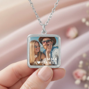 Cute Love Heart Photo Couples Personalized Names Silver Plated Necklace