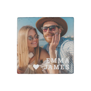 Cute Love Heart Photo Couples Personalized Names Stone Magnet