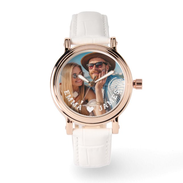 Cute Love Heart Photo Couples Personalized Names Watch (Front)
