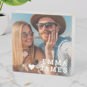 Cute Love Heart Photo Couples Personalized Names Wooden Box Sign