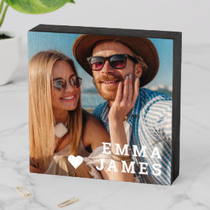 Cute Love Heart Photo Couples Personalized Names Wooden Box Sign
