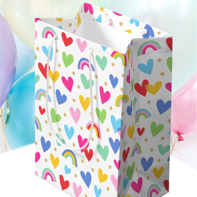 Cute Love Heart Rainbow Stars Pattern Kids Medium Gift Bag (Creator Uploaded)
