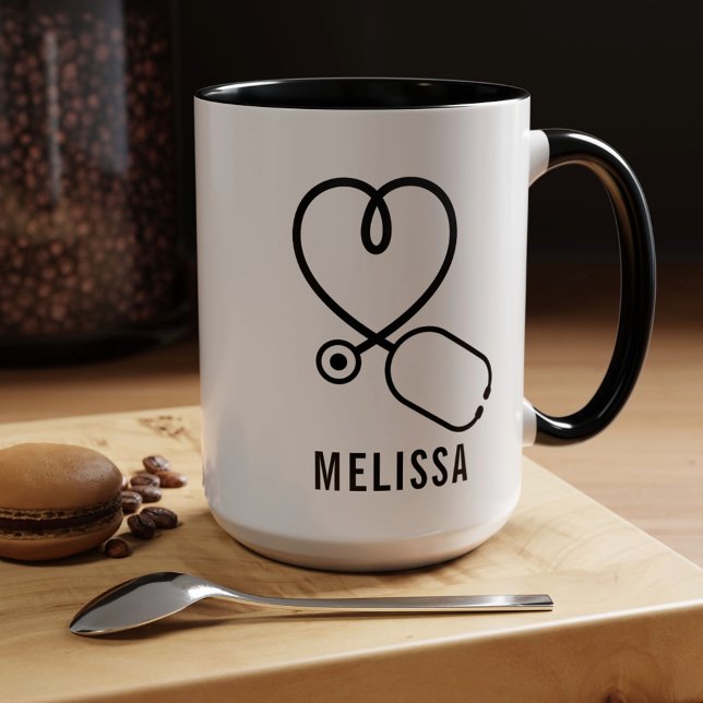 Cute Love Heart Stethoscope Personalized Name Mug (Cute Love Heart Stethoscope Personalized Name Mug)