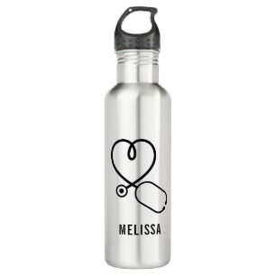 Cute Love Heart Stethoscope Personalized Name Stainless Steel Water Bottle