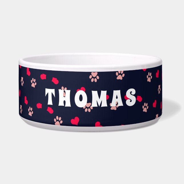 Cute Love Hearts and Paws Red Pink Pattern Bowl (Front)