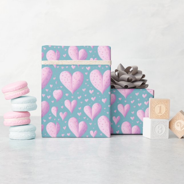 Cute Love Hearts Girly Pastel Pink And Blue Wrapping Paper (Baby Shower)