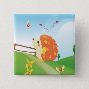Cute Love Hedgehog With Butterfly Sunny Day Button by UrHomeNeeds at Zazzle