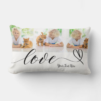 Cute Love in Black Heart Script Custom 3 Photo Lumbar Pillow