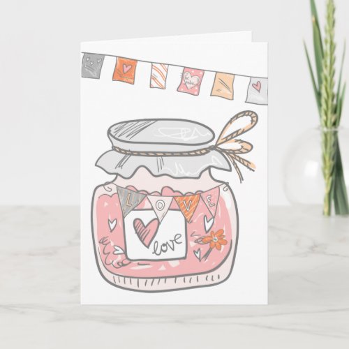 Cute love jam jar bunting illustration pink gray card
