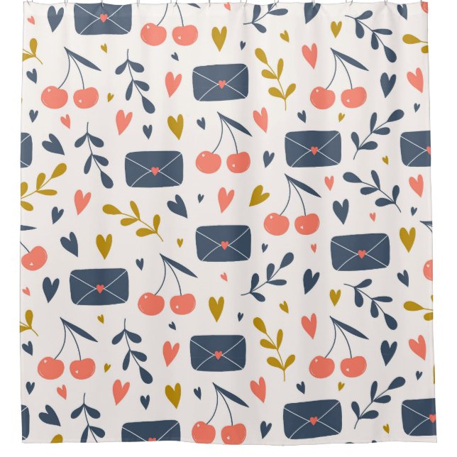 Cute Love Letters and Cherries Pattern Cozy Shower Curtain (Front)