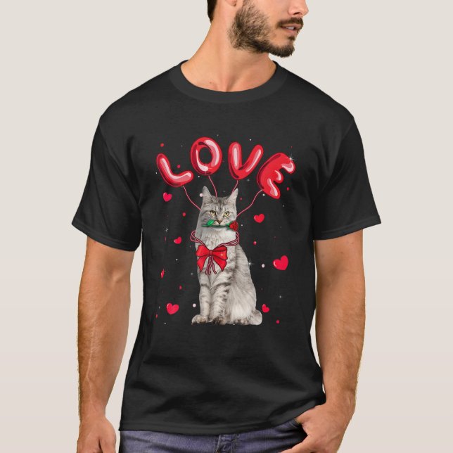 Cute Love Maine Coon Cat Valentine Pet Cat Lover T-Shirt (Front)