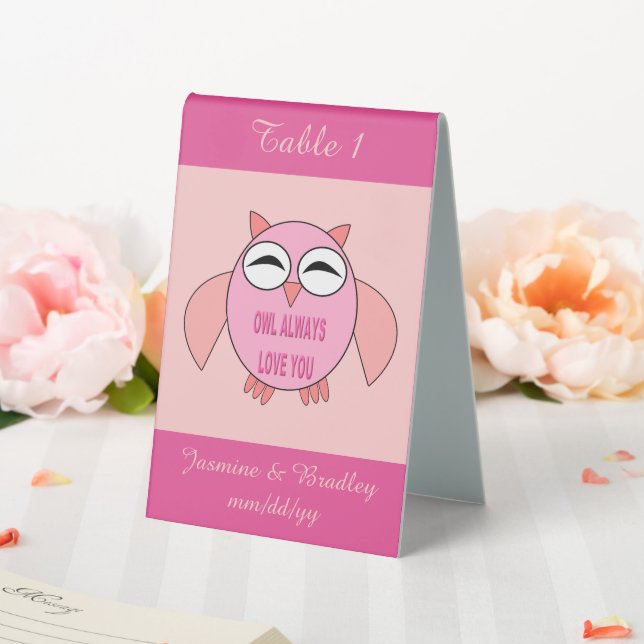 Cute Love Message Owl Custom Wedding Reception Table Tent (In SItu (Wedding))