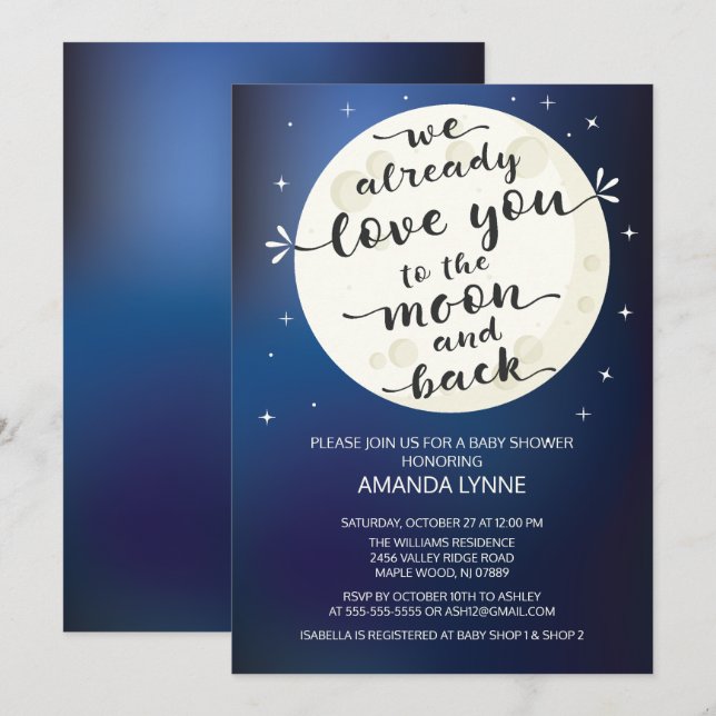 Cute Love Moon & Back Baby Shower Invite (Front/Back)