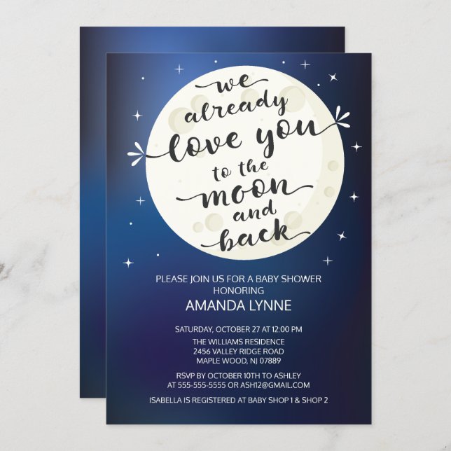 Cute Love Moon & Back Baby Shower Invite (Front/Back)