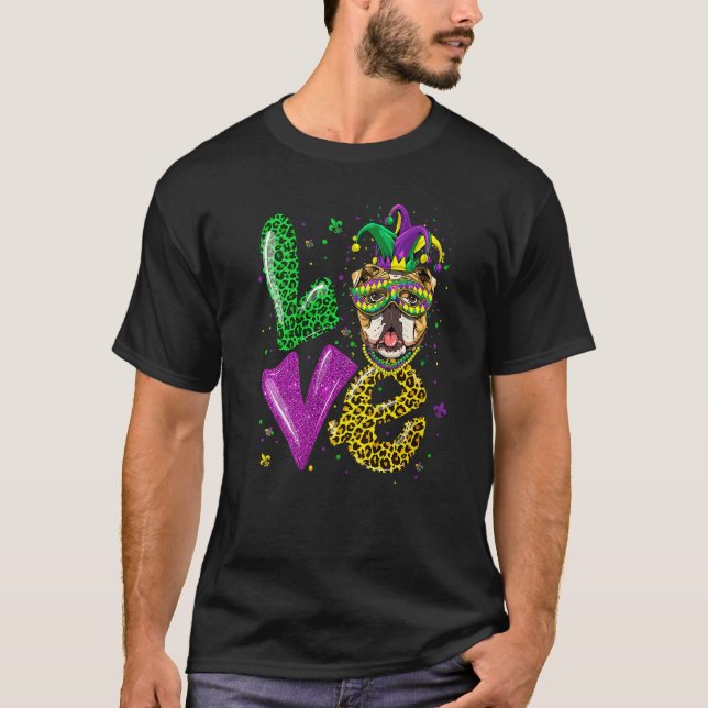 Cute LOVE Old English Bulldog Dog Mask Plaid Leopa T-Shirt (Front)