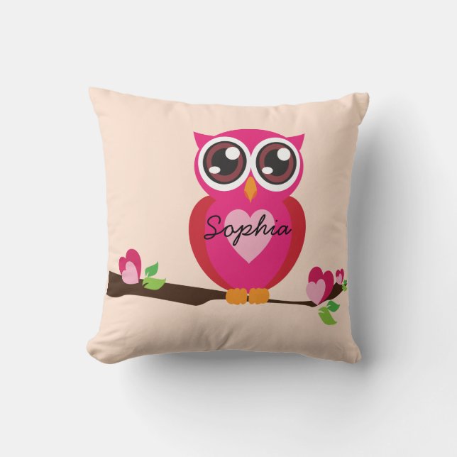 Cute Love Owl with Custom Name Throw Pillow (Front)
