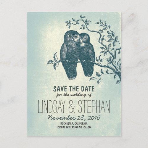 cute love owls couple save the date postcards
