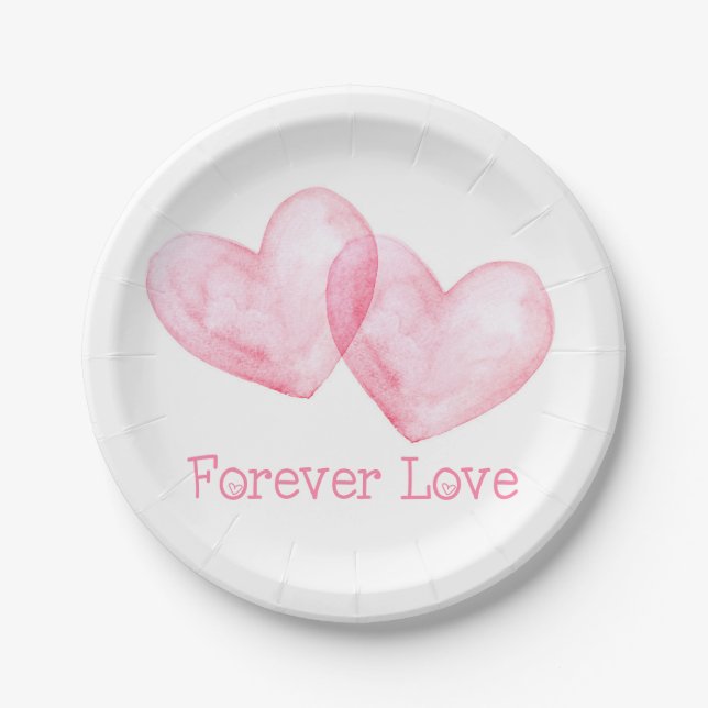 Cute Love Pink Watercolor Hearts Wedding Paper Plates (Front)