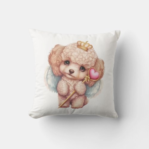 Cute Love Poodle Puppy with Heart Staff and Wings Throw Pillow