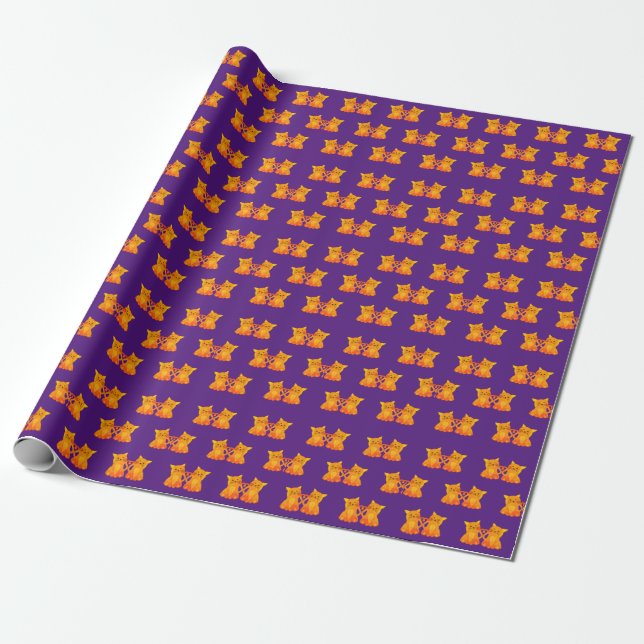 Cute Love Purple Orange Ginger Kitten Cat Cartoon Wrapping Paper (Unrolled)