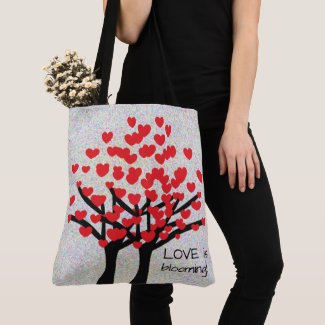 LOVE Red Hearts Trees Design Tote Bag