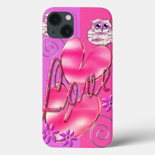 Cute Love text Hearts and Owls iPhone 13 Case