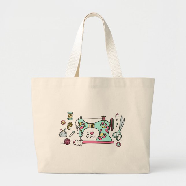 Cute Love to Sew Sewing Illustration Large Tote Bag (Front)