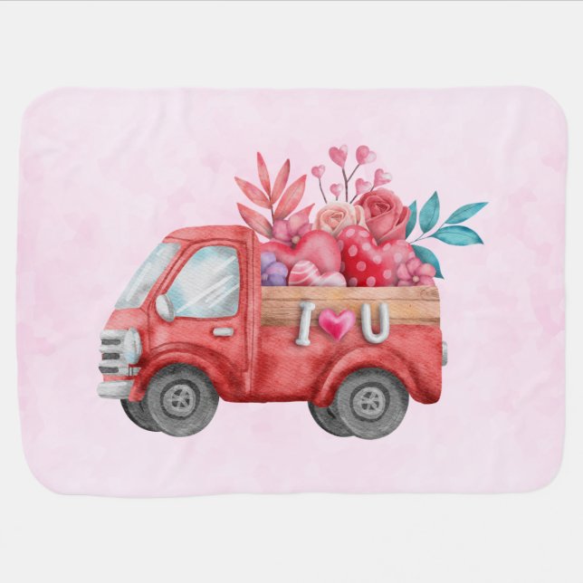 Cute Love Truck Carrying Hearts & Flowers Baby Blanket (Horizontal)