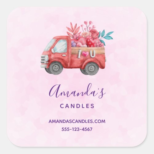 Cute Love Truck Carrying Hearts  Flowers Business Square Sticker