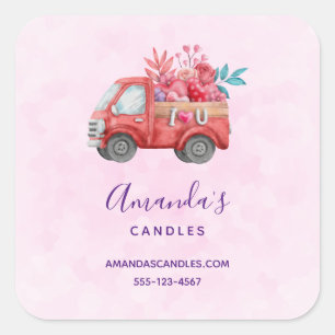 Cute Love Truck Carrying Hearts & Flowers Business Square Sticker