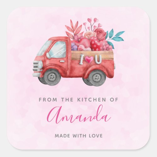 Cute Love Truck Carrying Hearts  Flowers Kitchen Square Sticker