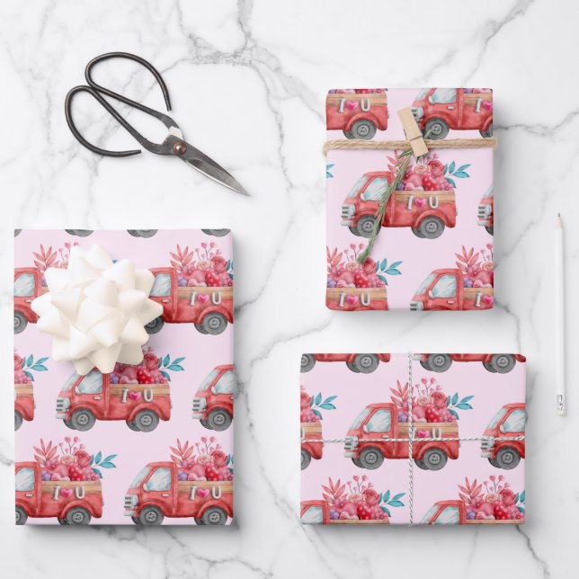  Cute Love Truck Carrying Hearts & Flowers Pattern Wrapping Paper Sheets (Front)