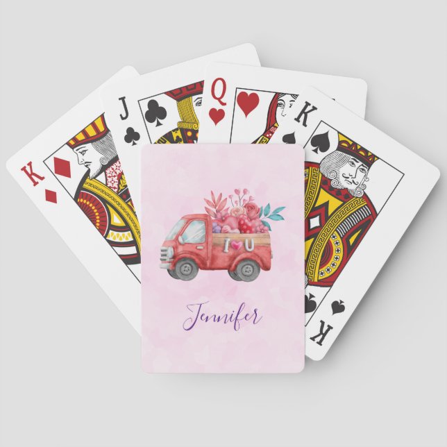 Cute Love Truck Carrying Hearts & Flowers Poker Cards (Back)