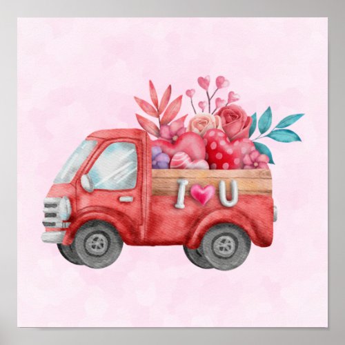 Cute Love Truck Carrying Hearts  Flowers Poster