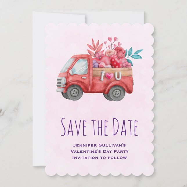 Cute Love Truck Carrying Hearts & Flowers Save The Date (Front)