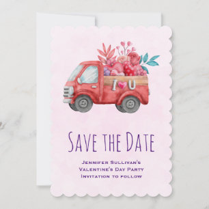 Cute Love Truck Carrying Hearts & Flowers Save The Date