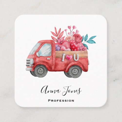 Cute Love Truck Carrying Hearts  Flowers Square Business Card