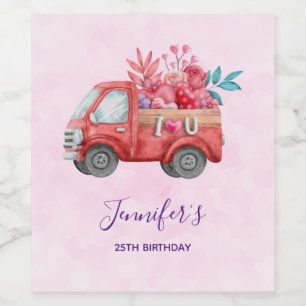 Cute Love Truck with Cargo Watercolor Birthday Wine Label