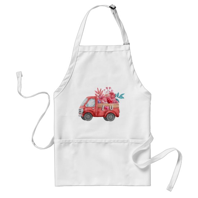 Cute Love Truck with Heart Cargo Watercolor Adult Apron (Front)