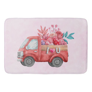 Cute Love Truck with Heart Cargo Watercolor Bath Mat