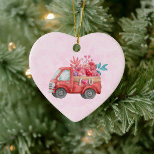 Cute Love Truck with Heart Cargo Watercolor Ceramic Ornament