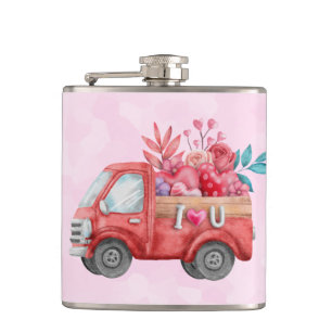 Cute Love Truck with Heart Cargo Watercolor Flask