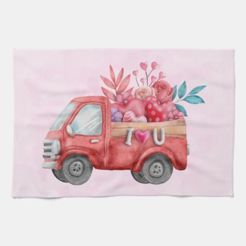 Cute Love Truck with Heart Cargo Watercolor Kitchen Towel