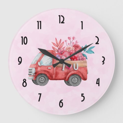 Cute Love Truck with Heart Cargo Watercolor Large Clock