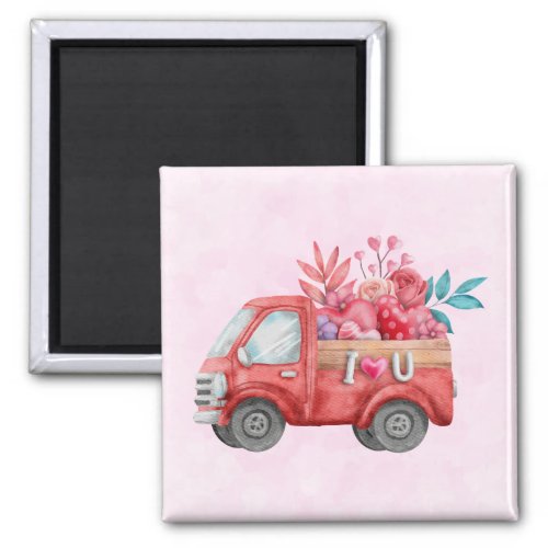 Cute Love Truck with Heart Cargo Watercolor Magnet