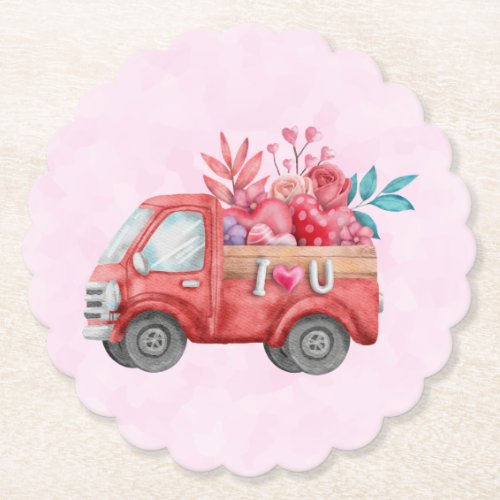 Cute Love Truck with Heart Cargo Watercolor Paper Coaster