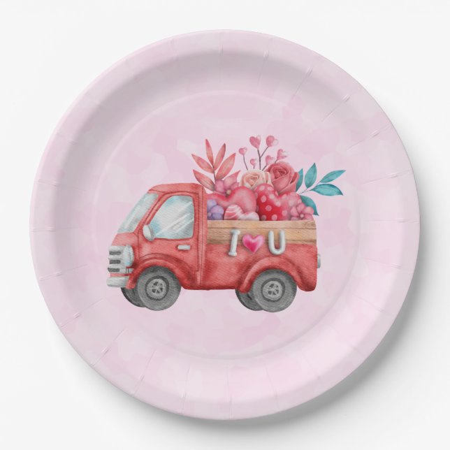 Cute Love Truck with Heart Cargo Watercolor Paper Plates (Front)